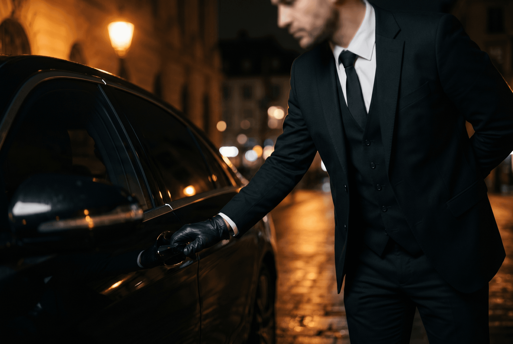 سائق يفتح باب سيارة مرسيدس لراكب من رجال الأعمال في زيورخ