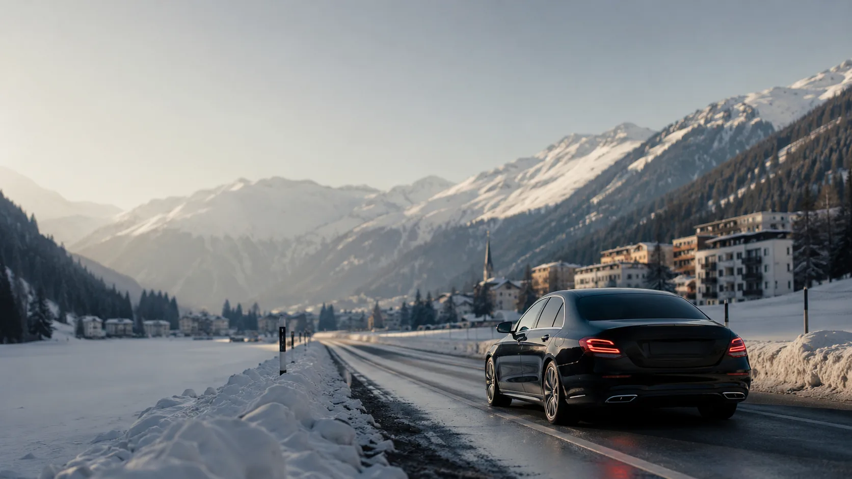 Mercedes Limousine auf einer Bergstrasse in Graubünden auf dem Weg nach Davos