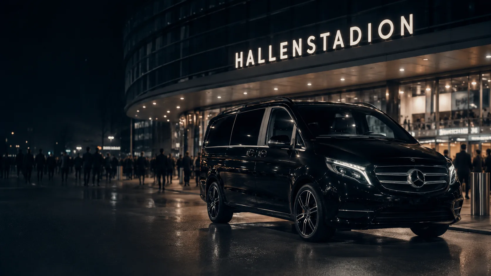 Black Mercedes limousine as a chauffeur outside the Hallenstadion in Zurich Oerlikon on a concert evening