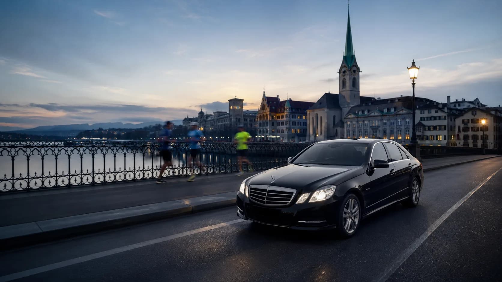 Black Mercedes saloon as a transfer for the Zurich Marathon in the early morning in central Zurich