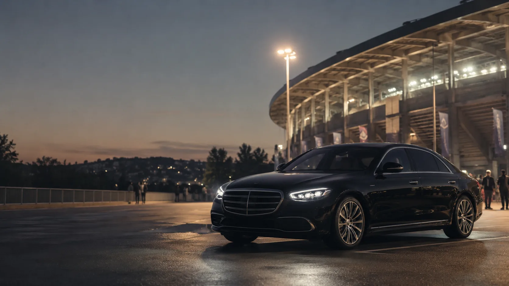 Black Mercedes S Class as a VIP chauffeur outside the Letzigrund stadium in Zurich