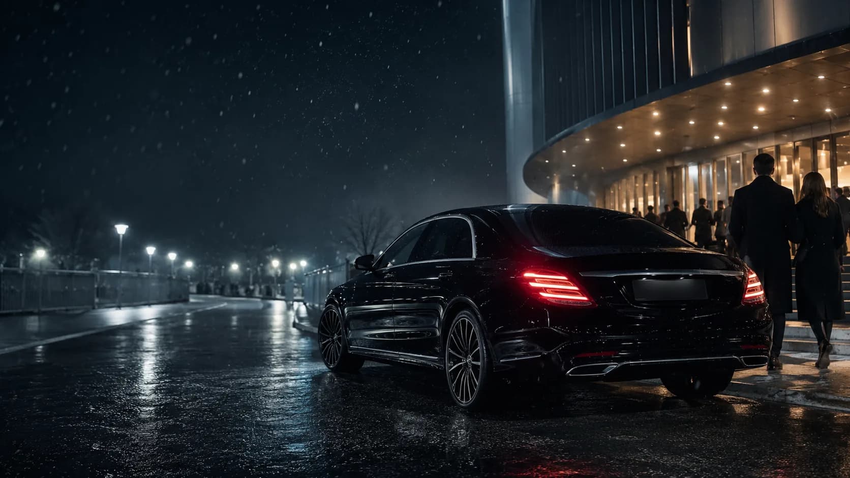 Black Mercedes limousine outside the Hallenstadion Zurich on the winter evening of Art on Ice