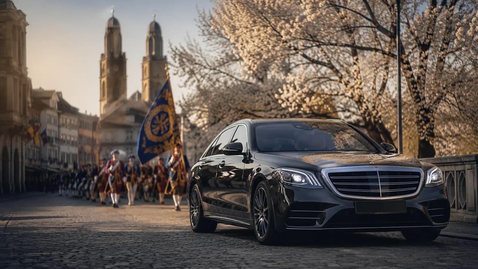 سيارة مرسيدس S Class سوداء أمام دار طائفة حرفية في بلدة زيورخ القديمة خلال سيكسيلويتن